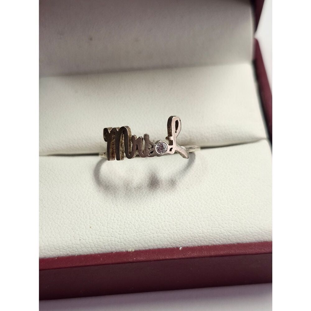 Mrs. L Script Name Ring in Sterling Silver with Clear Stone Size 8.25